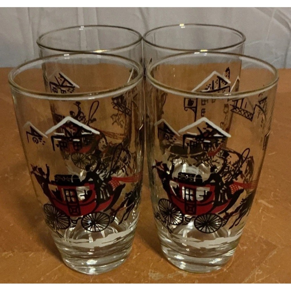 Vintage 1950s Libbey Stagecoach Horses Christmas Glasses, Set Of 4, Gold Rim